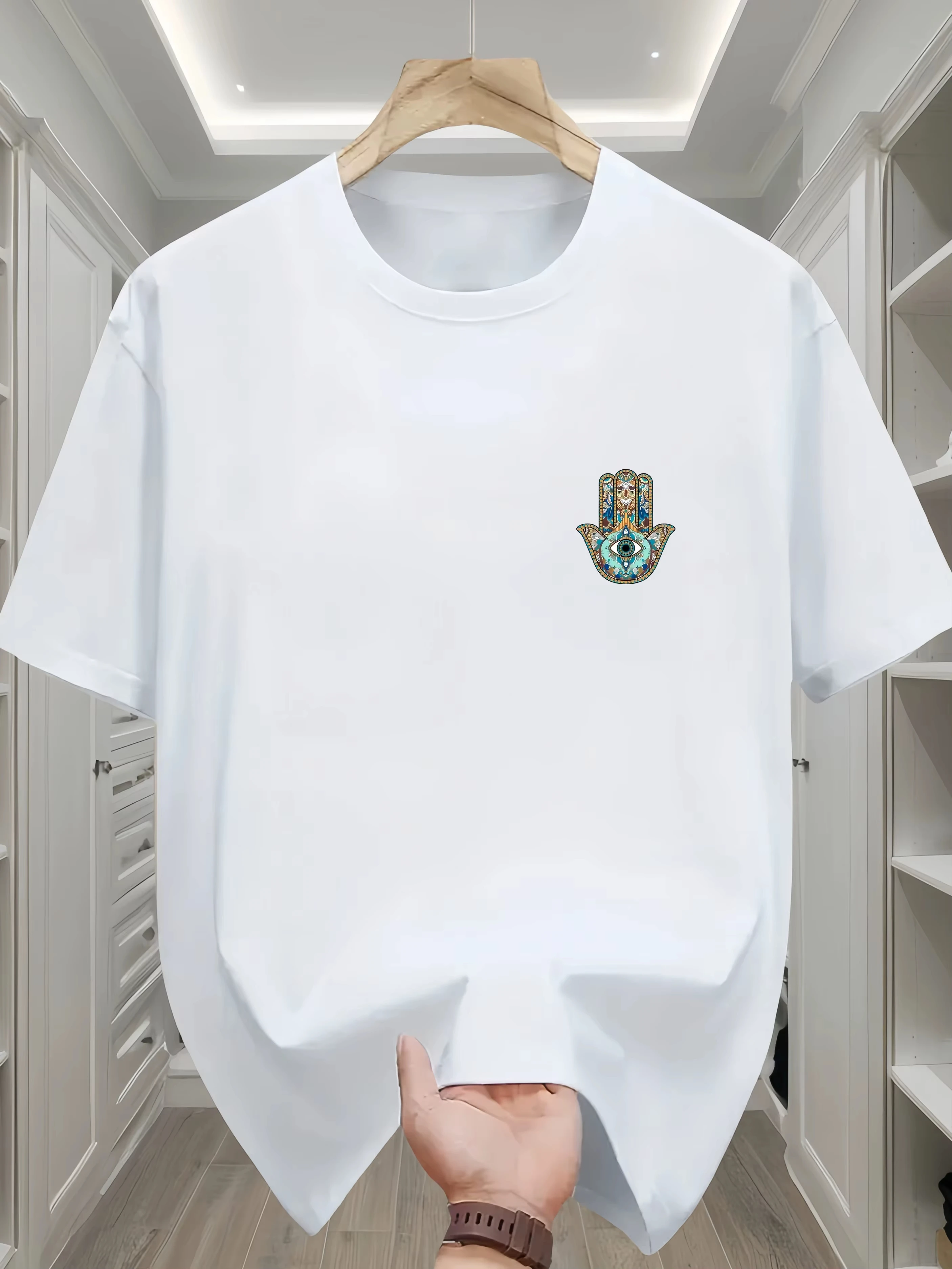 

Summer men's 100_ pure cotton casual loose evil eye pattern printed comfortable sports round neck Harajuku oversized t shirt