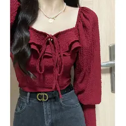 Vintage French Long Sleeved Square Neck Red Women Spring Ruffles Puff Sleeve Westernization Solid Color Affordable Short Tops