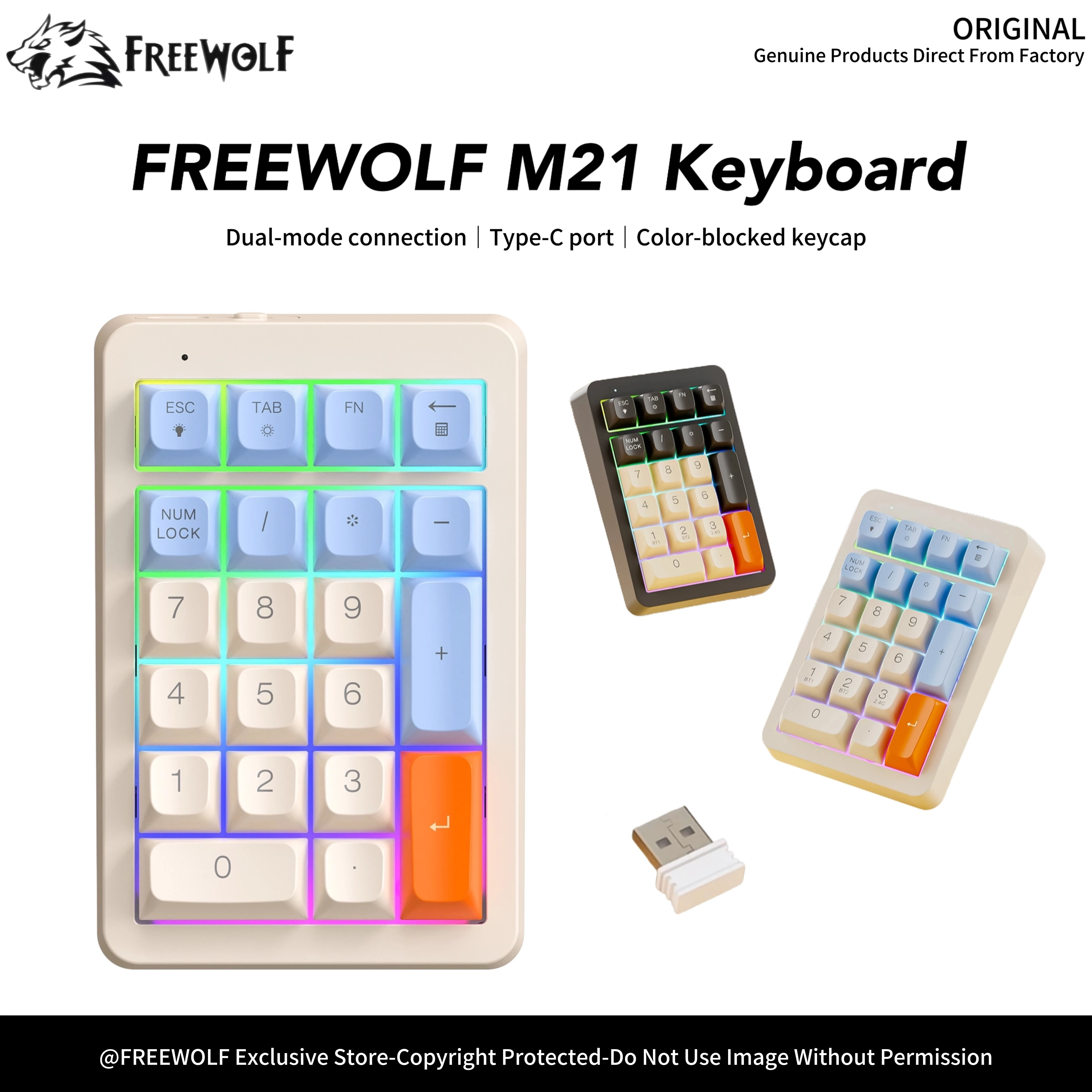 FREEWOLF M21 Digital Backlit Small Keyboard Bluetooth Wireless Connection,Three-color Keycaps,Asynchronous Digital Input Design