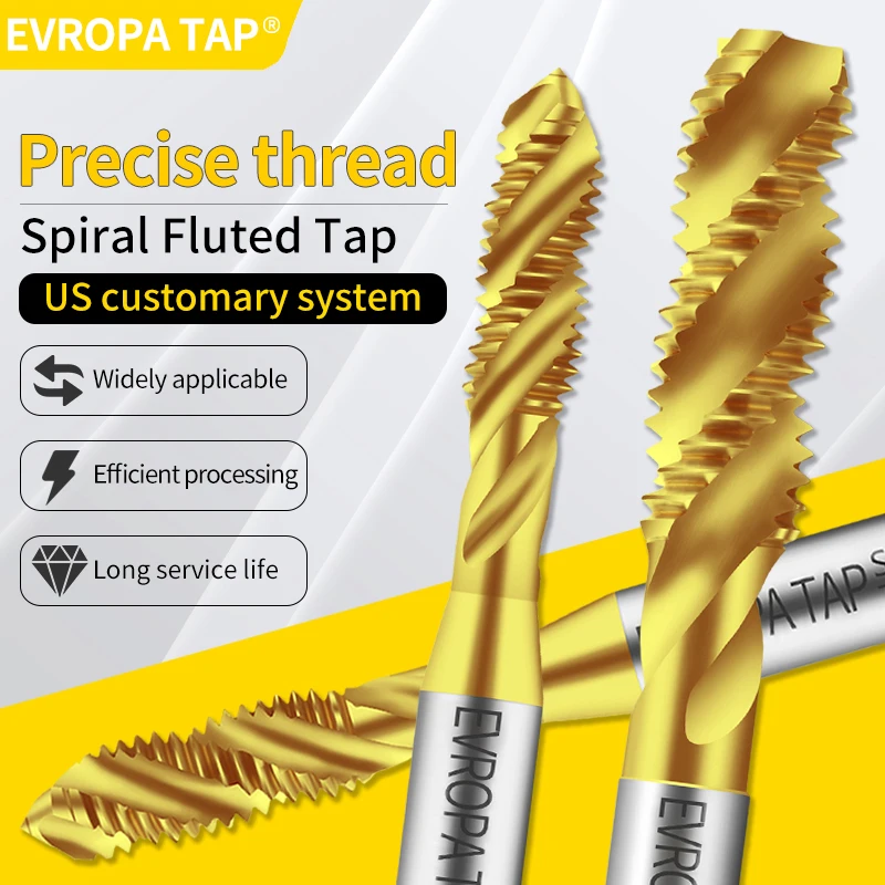 

EVROPA TAP HSSE Американский спиральный рифленый метчик с TIN-покрытием UNF/C/S 0-801-64 10-48 1/4 3/8 1/2 9/16 3/4 Машинный метчик с мелкой винтовой резьбой
