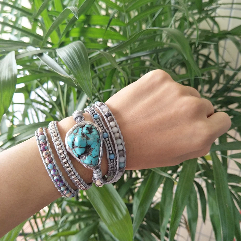 

Vintage Leather Boho Turquoise Bracelet Adjustable Ethnic Style Wrist Jewelry Vintage Leather Boho with Colorful Beads d88