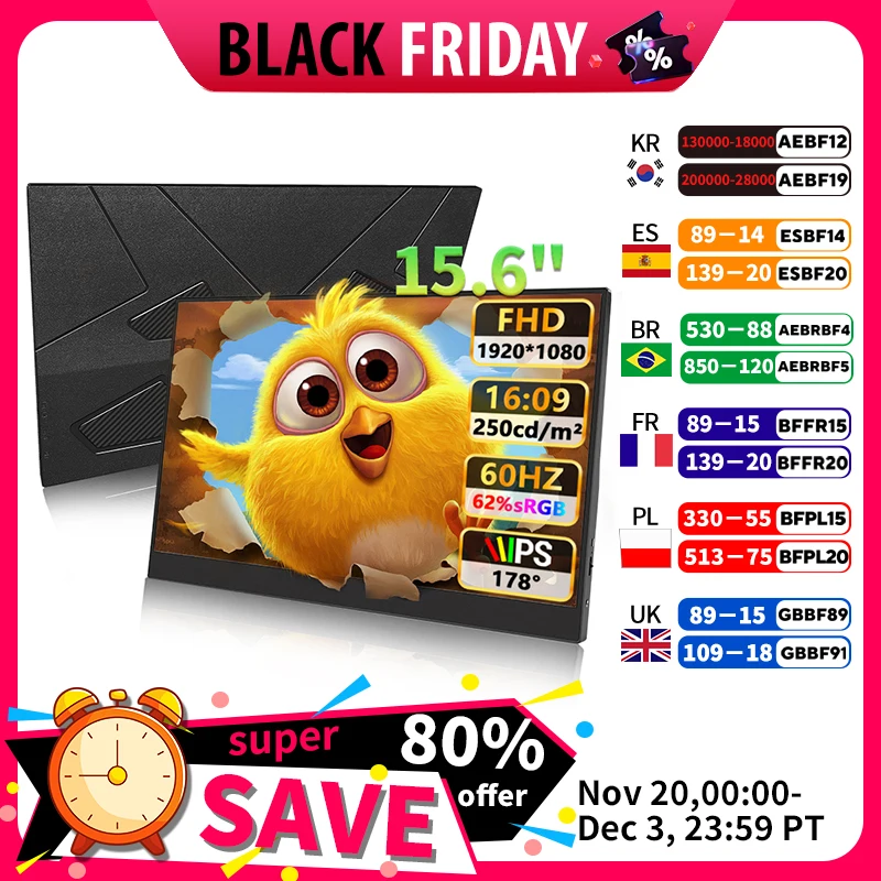 

15.6 inch Portable Monitor 60Hz 1080P with HDMI USB-C Gaming Screen Extended Display for Laptop PC Mac Phone Switch Xbox PS4/5