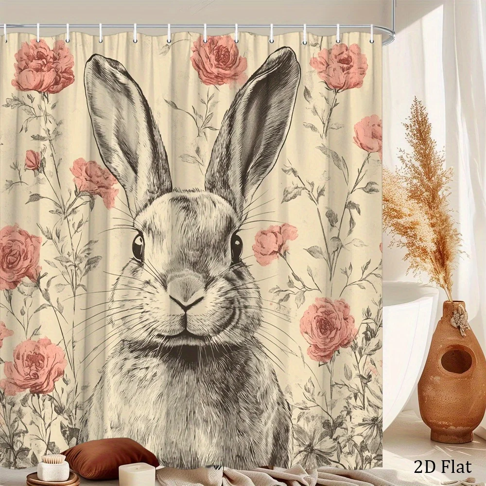 

Vintage Floral Rabbit Shower Curtain Cottagecore Boho Bathroom Decor Pink Rose Woodland Sketch Art Curtain Luxury