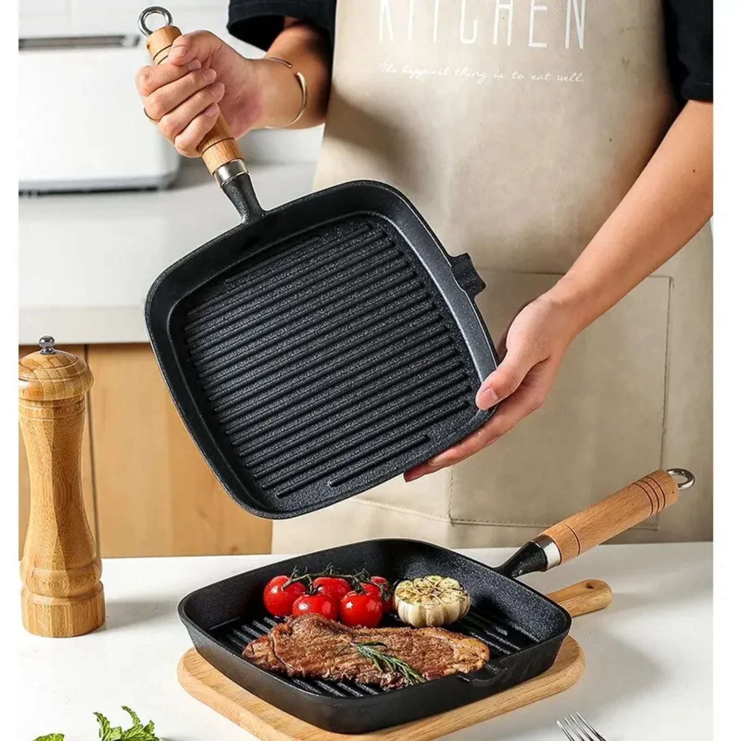 

Thickened 24cm and 22cm Non-coated Non-stick Cast Iron Steak Frying Pan with Household Stripes - Special Pan for Frying Steak