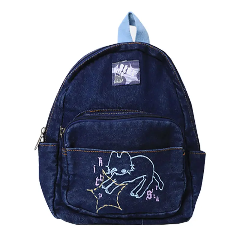 Japanese Simple Kawaii Cat Backpack Denim Handbag Shoulder Bags Large Capacity Student Schoolbag Cute Women Backpack