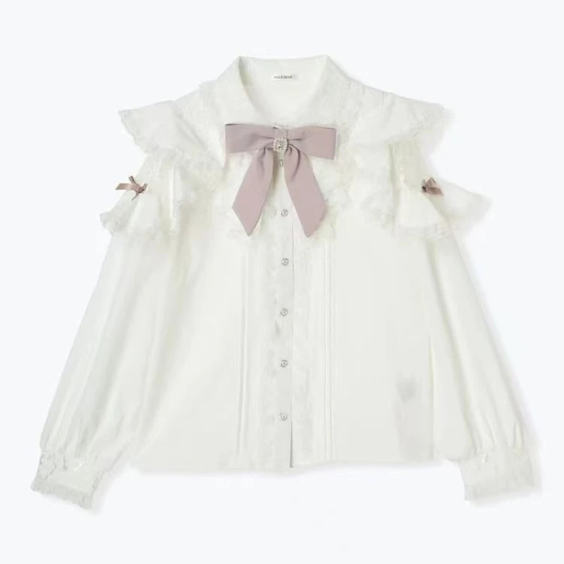 Cute Vintage Y2K Shirt, Japanese Kawaii Blouse Lace Details Sweet Lolita Inspired Top for Women's Elegant Casual Aesthetic Style