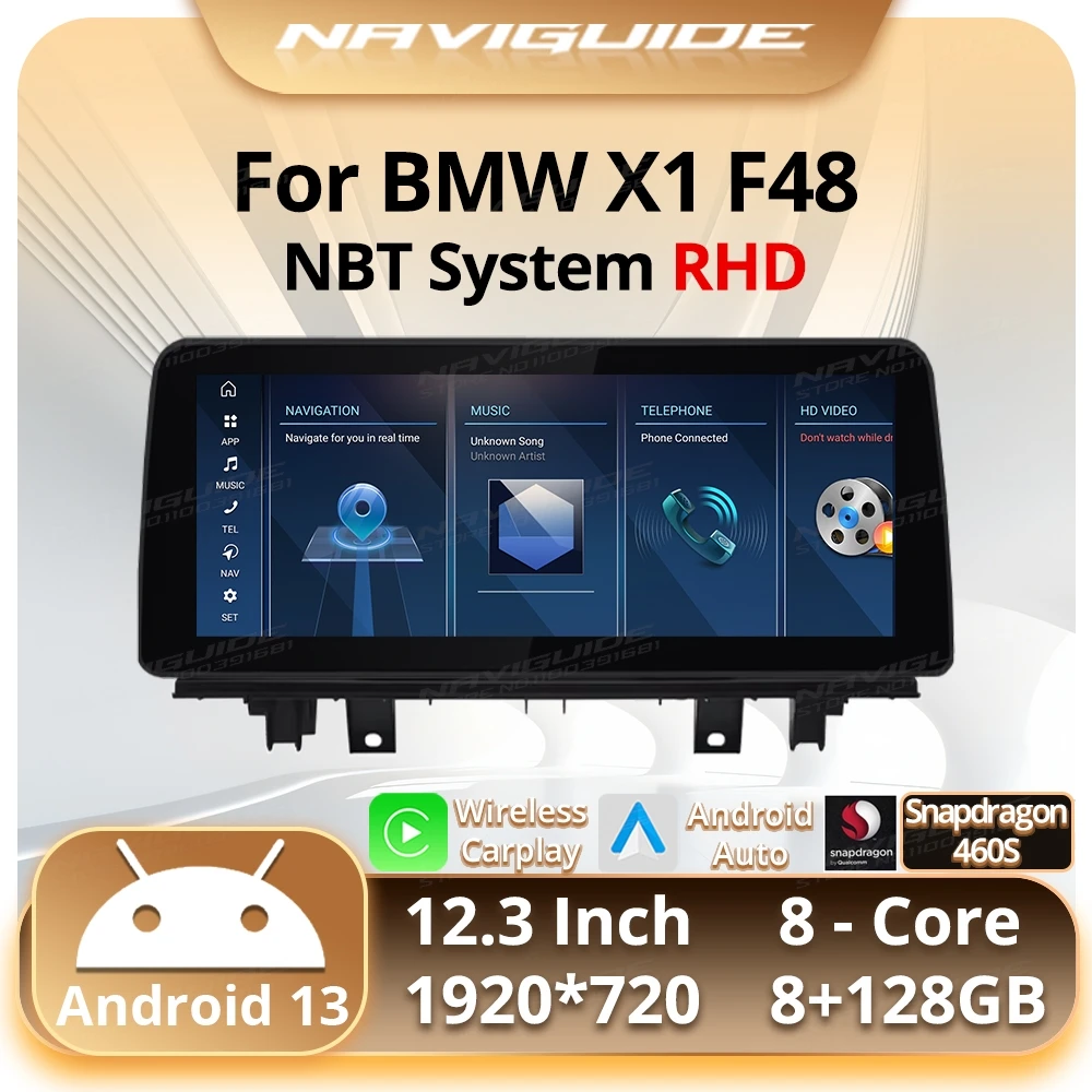 NAVIGUIDE Android13 12.3 "راديو السيارة لسيارات BMW X1 F48 2016-2017 نظام NBT Carplay نظام تحديد المواقع والملاحة مشغل وسائط متعددة الصوت بلوتوث