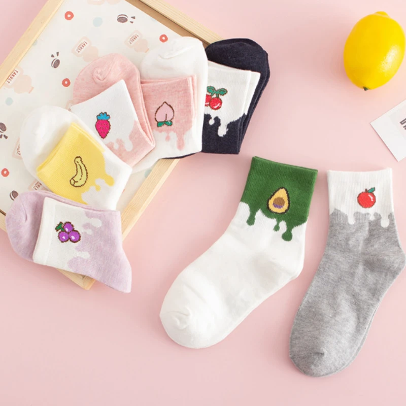 

Female Socks Mid Length Colored Fruit Cartoon Girl Sock Genjuku Style Student High Length Socks Sweet Cotton Sock