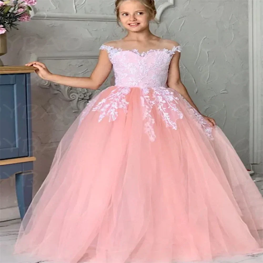 

Pink Flower Girl Dresses For Wedding Tulle Appliques Ball Gown Off The Shoulder Toddler Pageant Gowns First Communion Dresses
