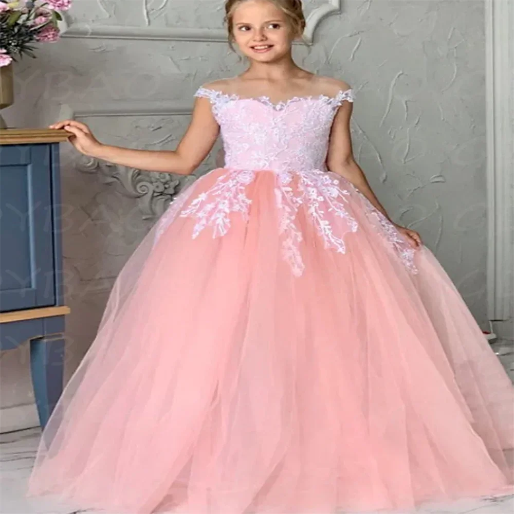 Pink Flower Girl Dresses For Wedding Tulle Appliques Ball Gown Off The Shoulder Toddler Pageant Gowns First Communion Dresses