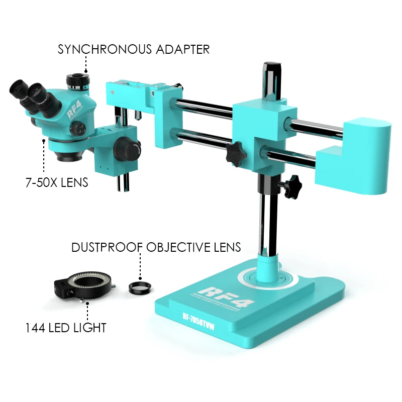 RF4 7X-50X 360° Rotation Dual Arm Bracket Boom Lndustrial Laboratory Maintenance Observation Triocular Stereo Zoom Microscope