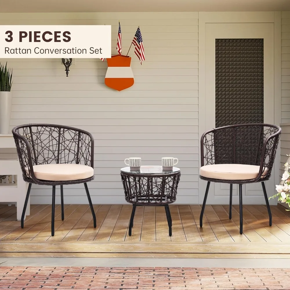 new 3 Piece Bistro Set, Modern Outdoor Wicker Patio Furniture with Tempered Glass Table Top and 2 Chairs, Washable Cushions