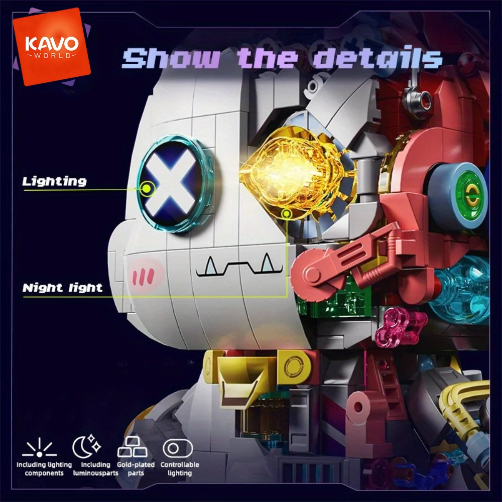 KAVOWORLD Cyberpunk Mechanical Rabbit Building Blocks Set LED Light Up Glow-in-the-Dark Bunny Bricks Kit with Gold-plated Parts Semi-transparent Disassembly Design Collectible Desk Decor for Teens Adults Birthday Christmas Gift 1377pcs