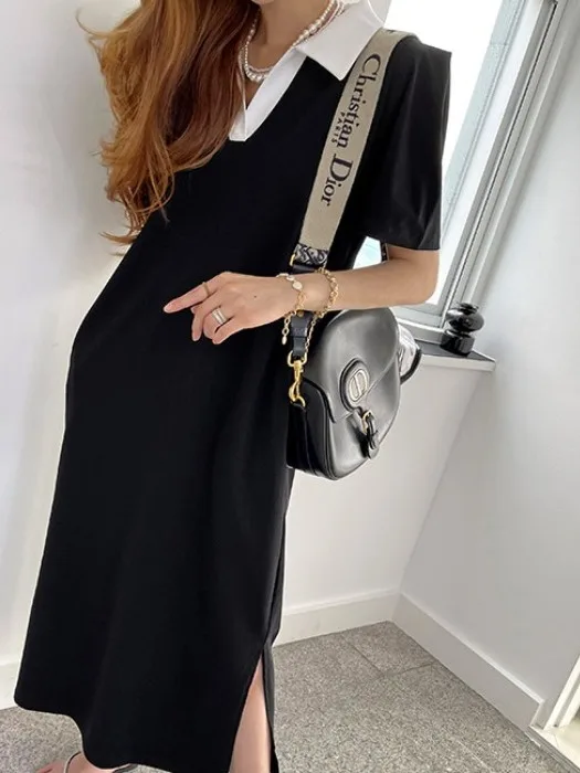 

Loose Casual Dr Women's ort Sve Long Split Skirt Summer 2025 Faion College Sle irt Dr Other Material 00%
