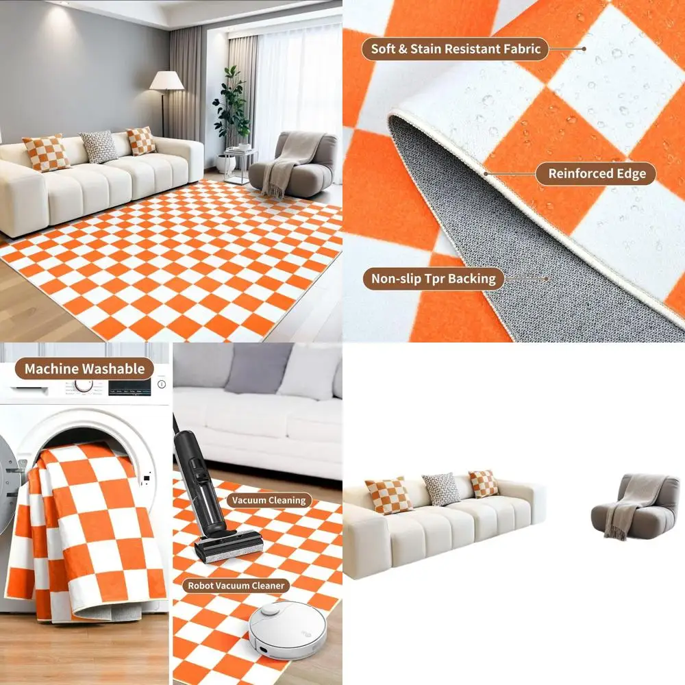 

5x7 оранжево-белый клетчатый коврик, моющийся нескользящий ковер для гостиной, устойчивый к пятнам ковер с низким ворсом для спальни или детей Ro