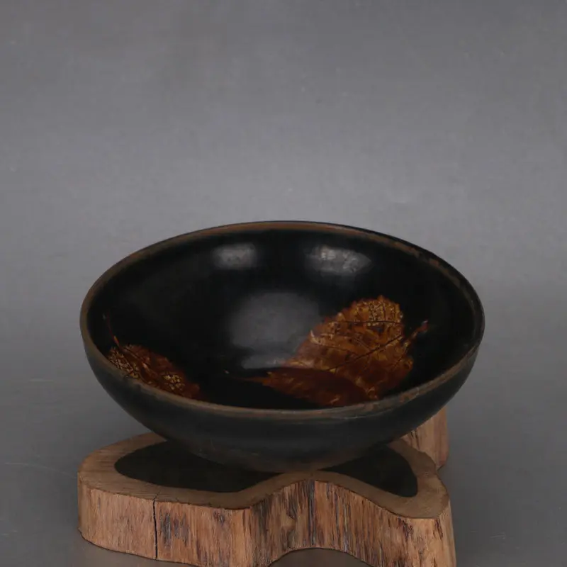 Jizhou Ware Black Glaze Yellow Leaf Nest Bowl Vintage Style Handmade Porcelain Home Decor Collectible