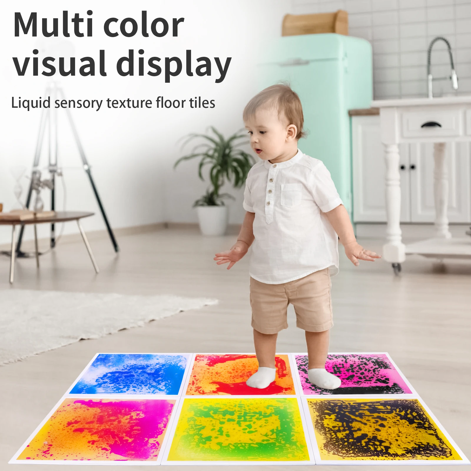 Encantadores baldosas sensoriales para niños, tapete educativo interactivo líquido a base de agua para sala de terapia, cuadrados de suelo sensorial