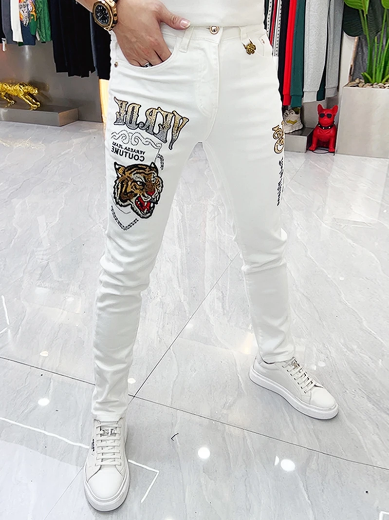 

Trendy White Slim Fit Men's Jeans Heavy Du Tiger Rhinestone Waed Youthful Sle Casual Winter Faionable Straight Leg Jeans