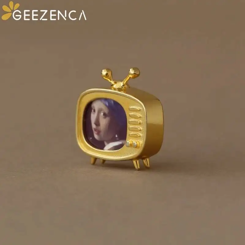 

GEEZENCA S925 Silver Small TV Famous Painting Pins For Women Original Design Cute Clothing Accessories Unique Brooches 2023 New