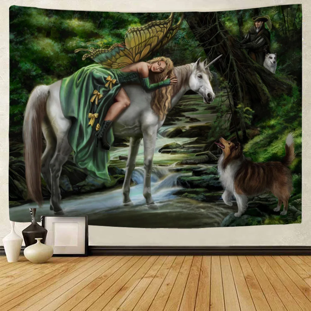 

Fantasy scenery printed fabric large tapestry angel unicorn wall hanging bohemian bedroom living room wall art decoration