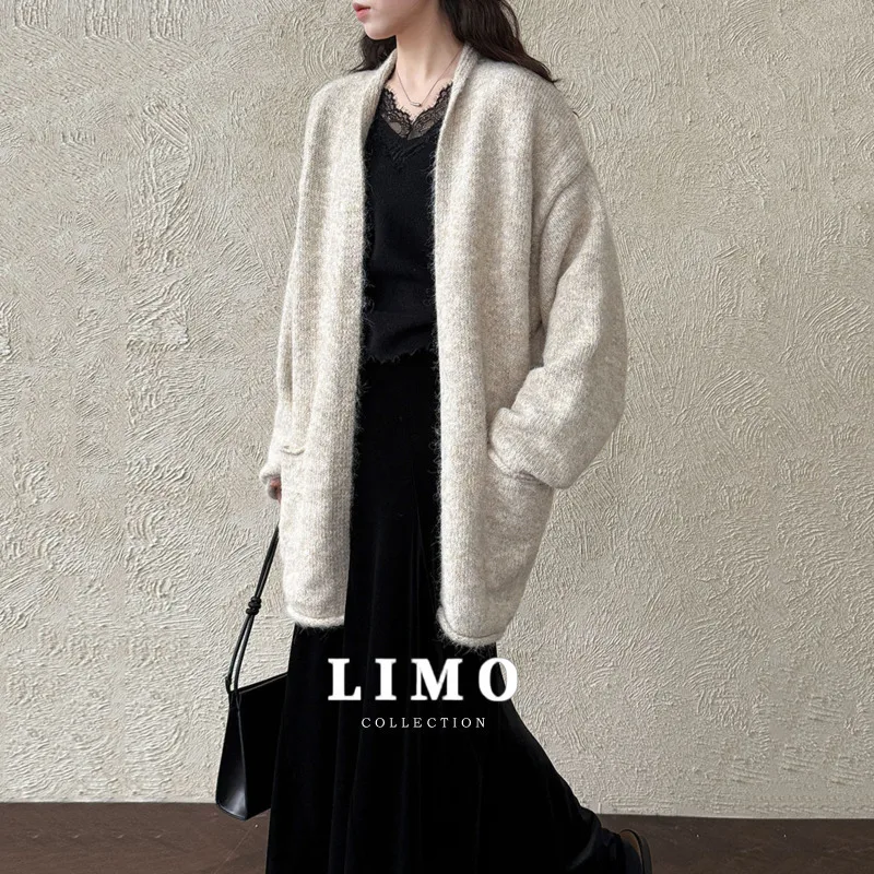 

LIMO 2025 Autumn Winter Y2K Knitted Cardigan Women Loose Casual Lazy Style Nylon Polyester Open Front Long Shacket Coat