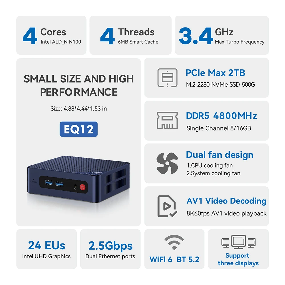 Beelink EQ12 N100 Mini PC DDR5 Intel12th 16GB 500GB Support Dual 2.5G Ethernet Type C Desktop Computer VS Mini S12 Pro T8 Pro