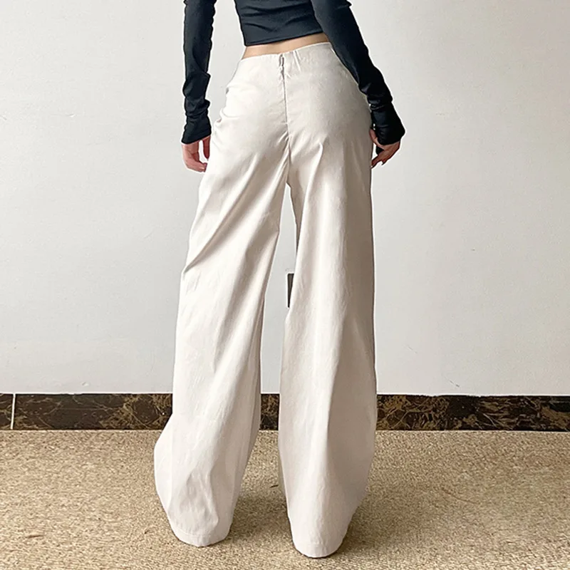 Pantalon taille basse à jambes larges pour femmes, pantalon plissé avec détail de nœud asymétrique, drapé minimaliste tissé, pantalon à taille Paperbag