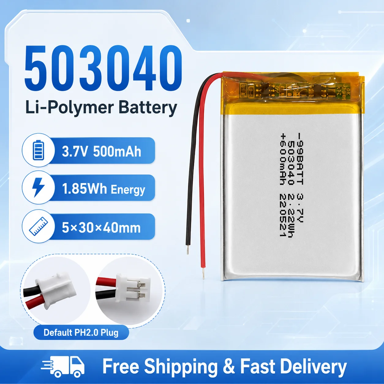 3.7V 500mAh 503040 LiPo Rechargeable Battery PH2.0 Connector for Small Electronics DIY Projects Beauty Device GPS Positioning