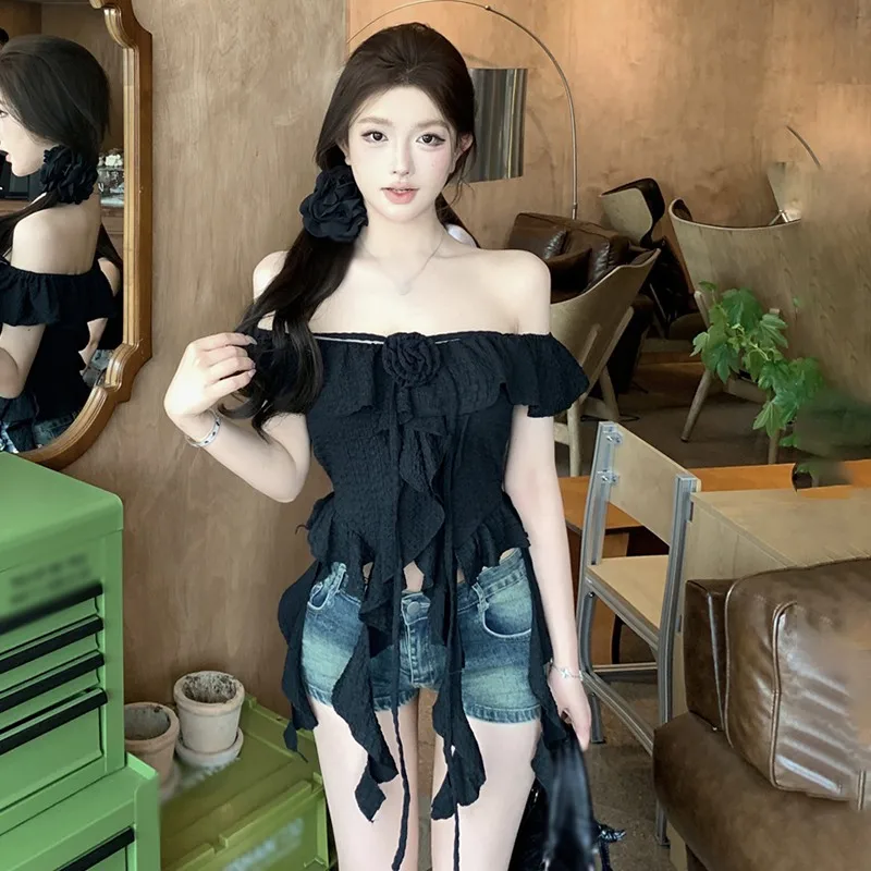 Summer Woman Floral Irregular Camisole Korean Fashion Ruffle Tops Elegant Temperament Sweet Korean Style Ladies Tops