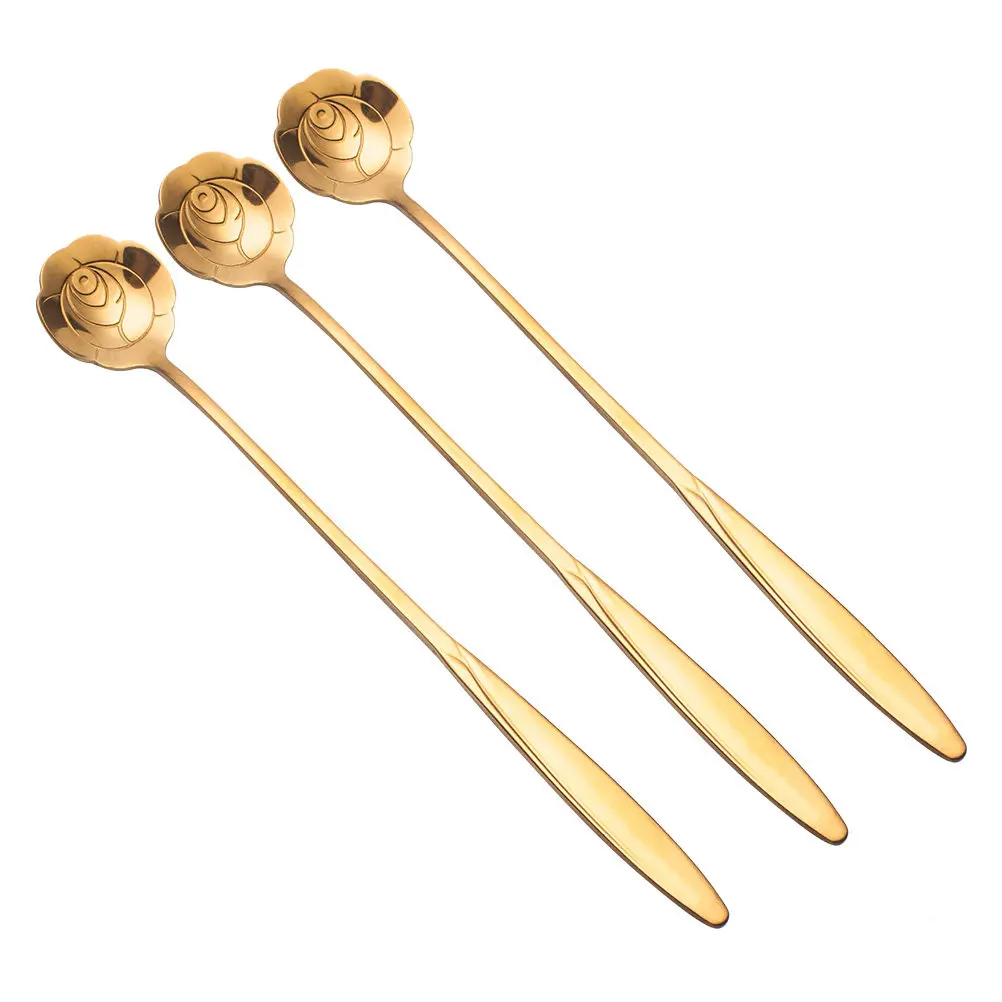 3Pcs Modern Petal Style Stainless Steel Stirring Spoon Set Long Handle High Polish Rose Gold Tone Mixing Spoon for Lemonade Root