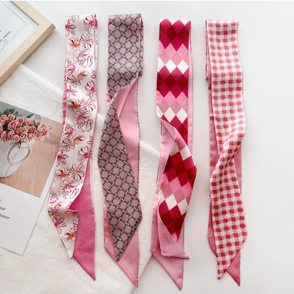 4pcs Skinny Bag Ribbon Scarfs for Women  Fashion Print Soft Satin Hairband Foulard Neckerchief Female Neck Tie Hair Scarf