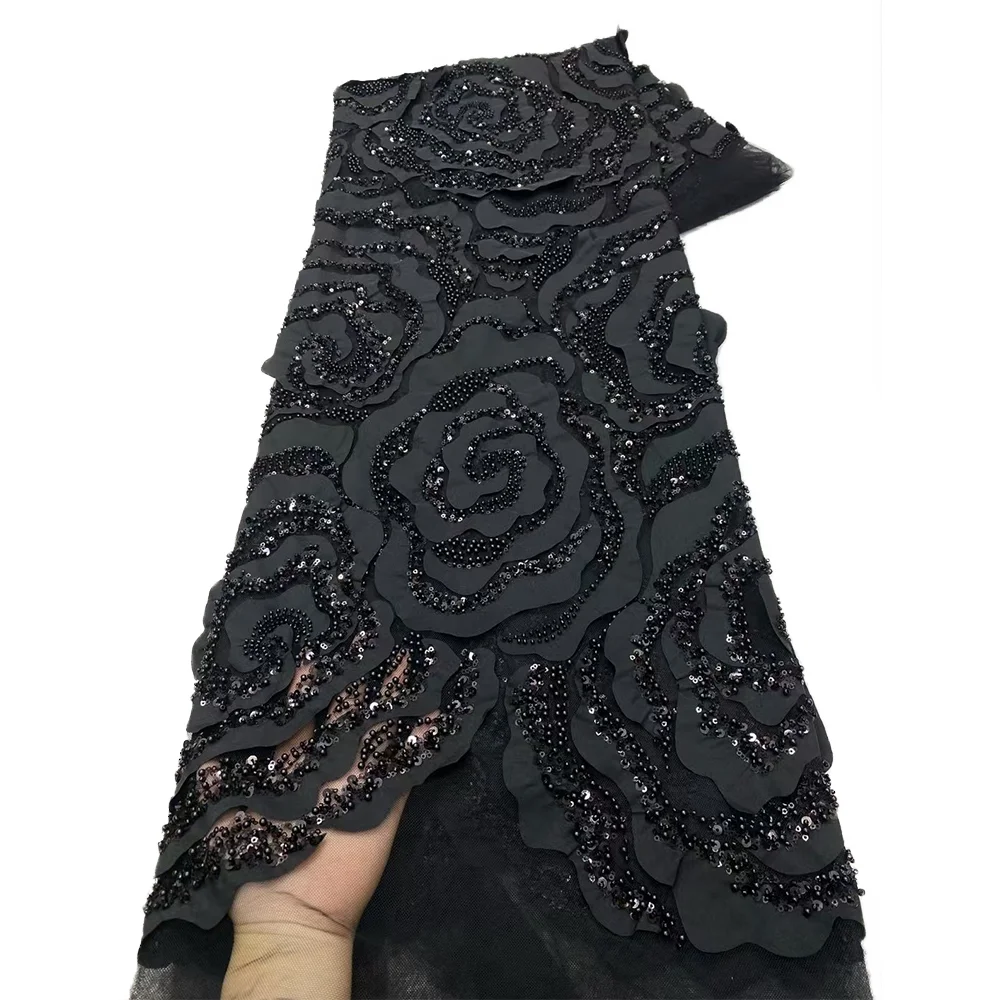 

Dyed Beaded Embroidery Lace Fabric French Pearl Design Fashion 5 Yards Sequins Beaded Lace Fabric For Wedding Dresses Latest