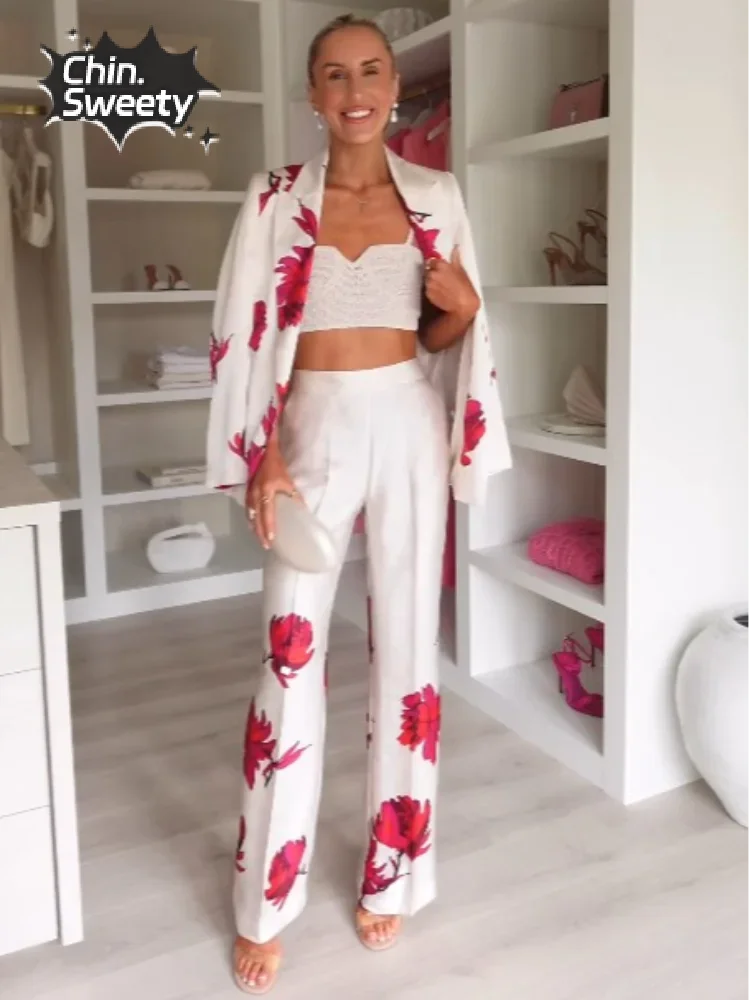 

Женский брючный костюм с принтом роз, Длинные прямые брюки с высокой талией, повседневный жакет с карманами и длинными рукавами в стиле ретро, 2024