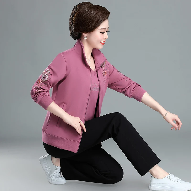 

Весенне-осенний женский спортивный костюм-тройка: модный комплект для женщин среднего и старшего возраста, верхняя одежда из смеси хлопка, полиэстера и спандекса