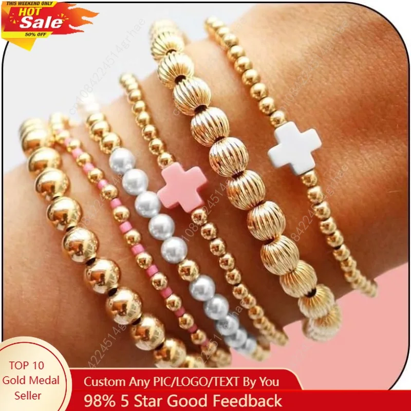 

Gold Bracelet Stack for Women Beaded Bow Bracelet Non Tarnish Chunky Stretch Paperclip Cross Pearl Bracelets Set Christma