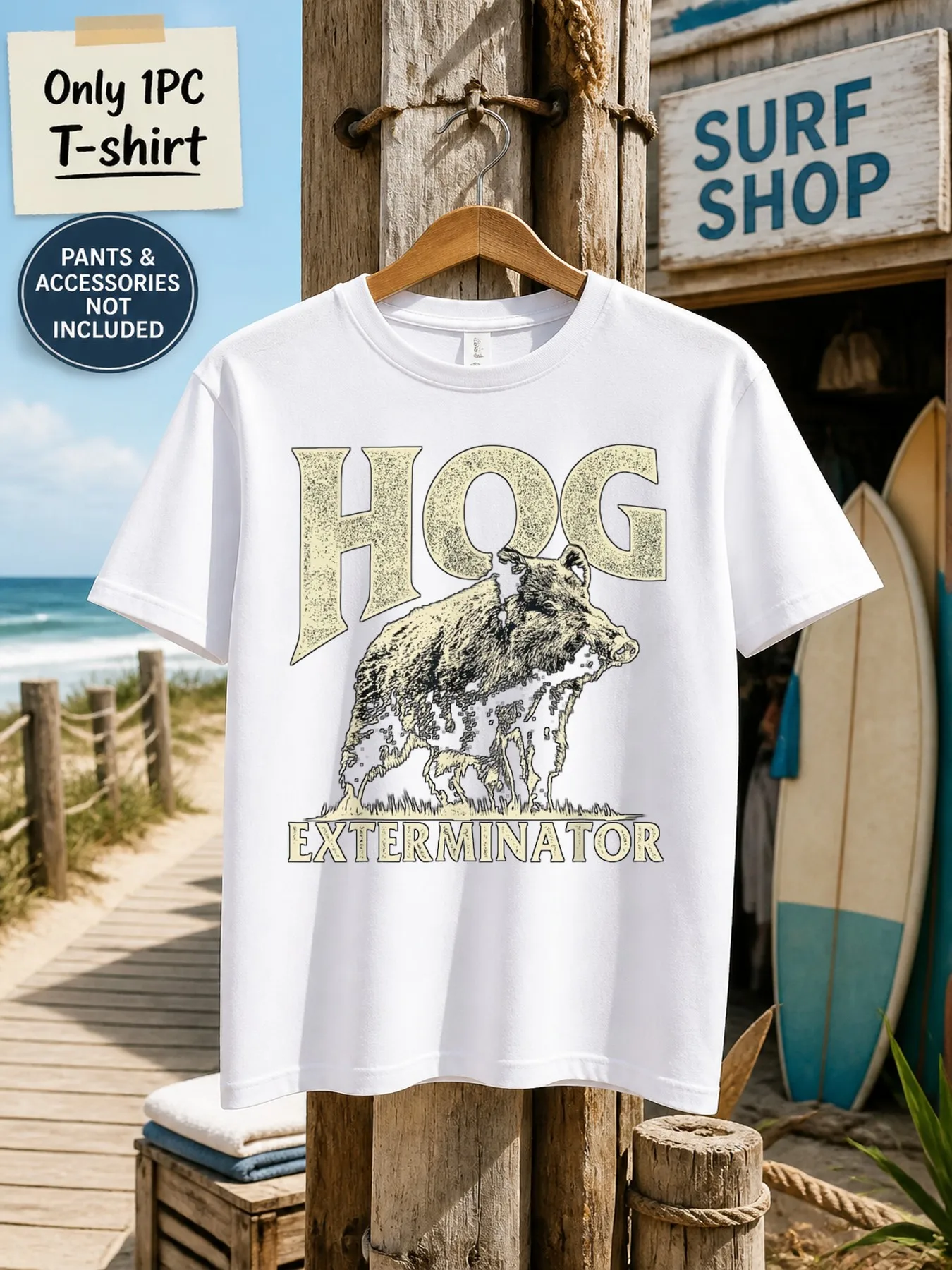 1pc Mens Graphic T Shirt Hog Exterminator Short Sleeve Crew Neck[solely 1pc T-SHIRT]