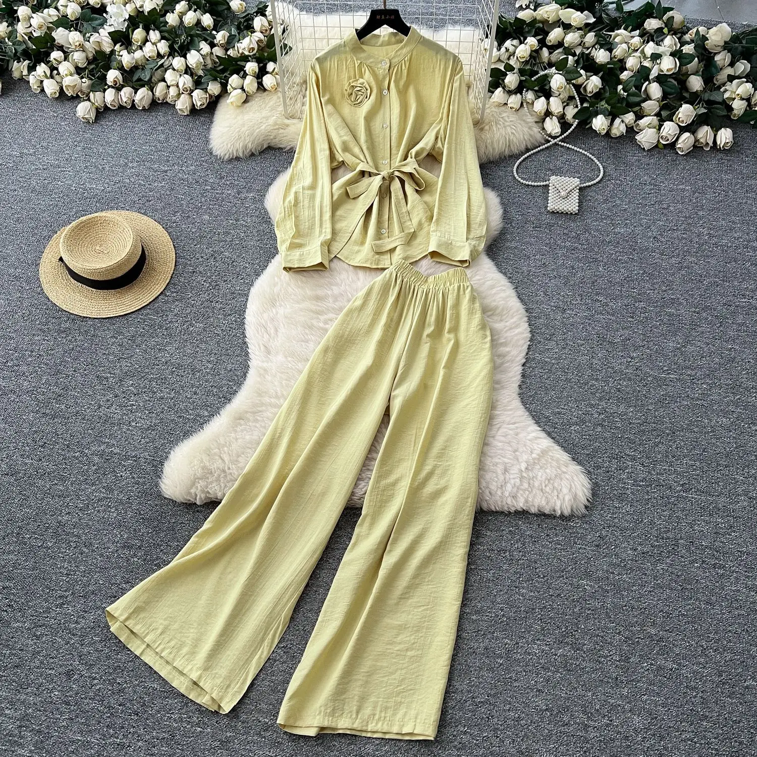 

Women Pant Set Two Piece Sets Round Neck Full Sleeve Shirt Tops Lace Up Wide Leg Long Pants Elastic Waist Y2k Streetwear Work