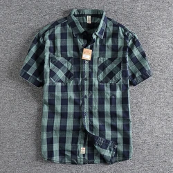 Summer New American Retro Short Sleeve Lapel Classic Plaid Shirt Men's Fashion 100% Cotton Washed Double Pocket Casual Blouses
