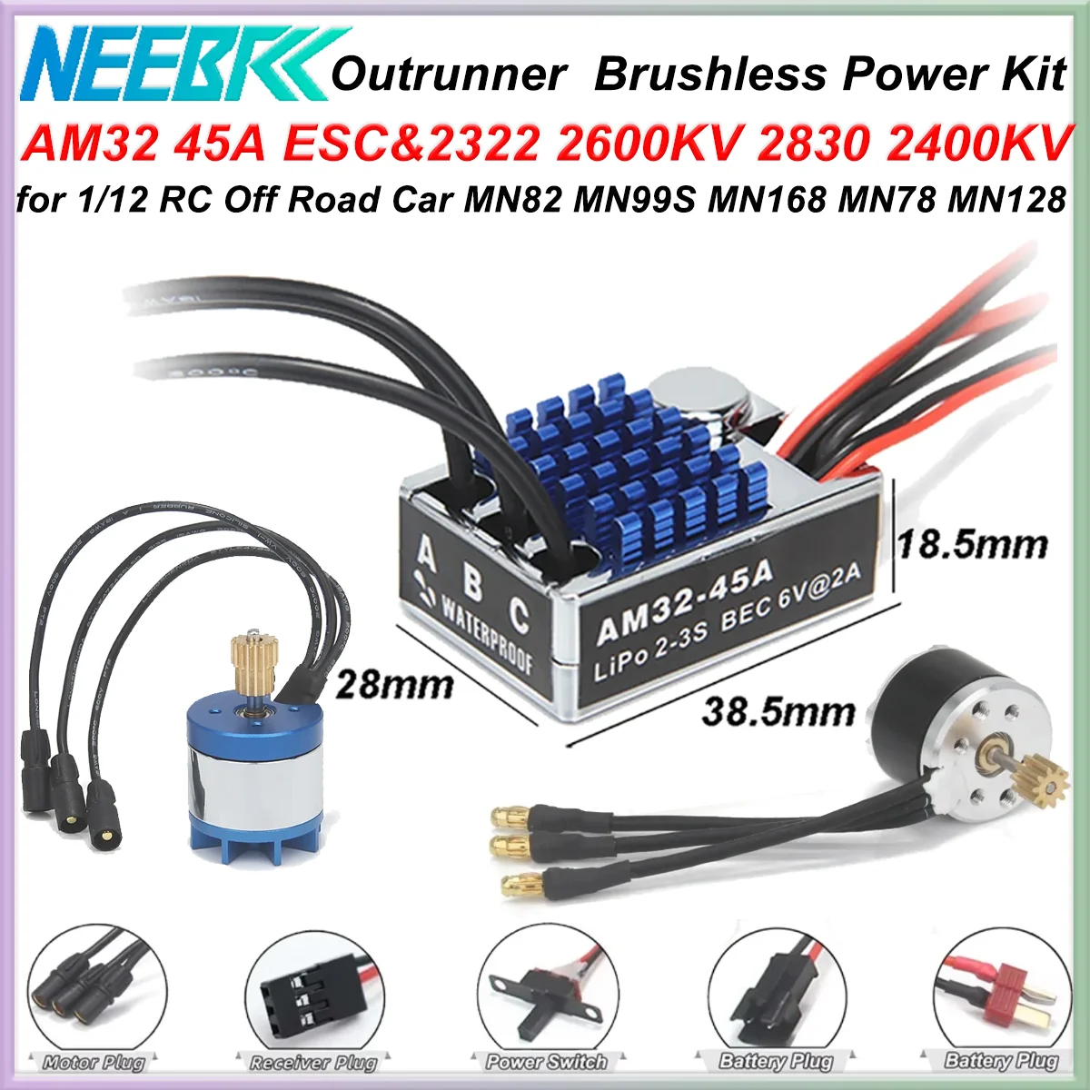 

2322 2600KV 2830 2400KV Бесщеточный двигатель AM32 45A для 1/12 RC гусеничного автомобиля внедорожника MN82 MN168 MN78 MN86 MN128 комплект питания