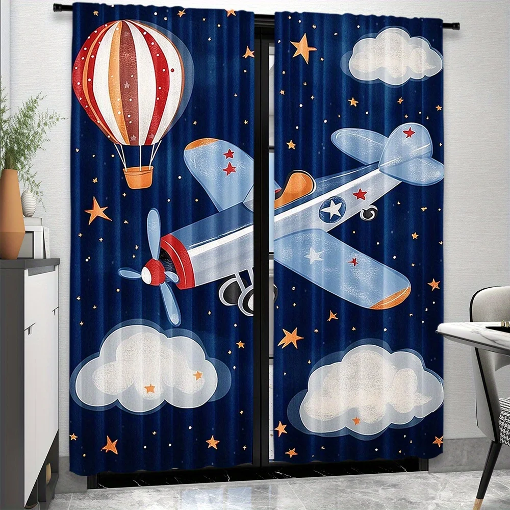 2pc Airplane and hot air balloon patterned curtains, machine washable polyester, suitable for bedrooms and living rooms.