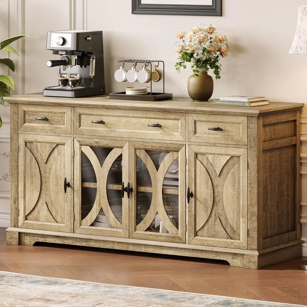 

Large 64 Natural Sideboard Cabinet with 3 Drawers, 4 Doors, Adjustable Shelves, Curved Glass Door for Dining and Living Spaces