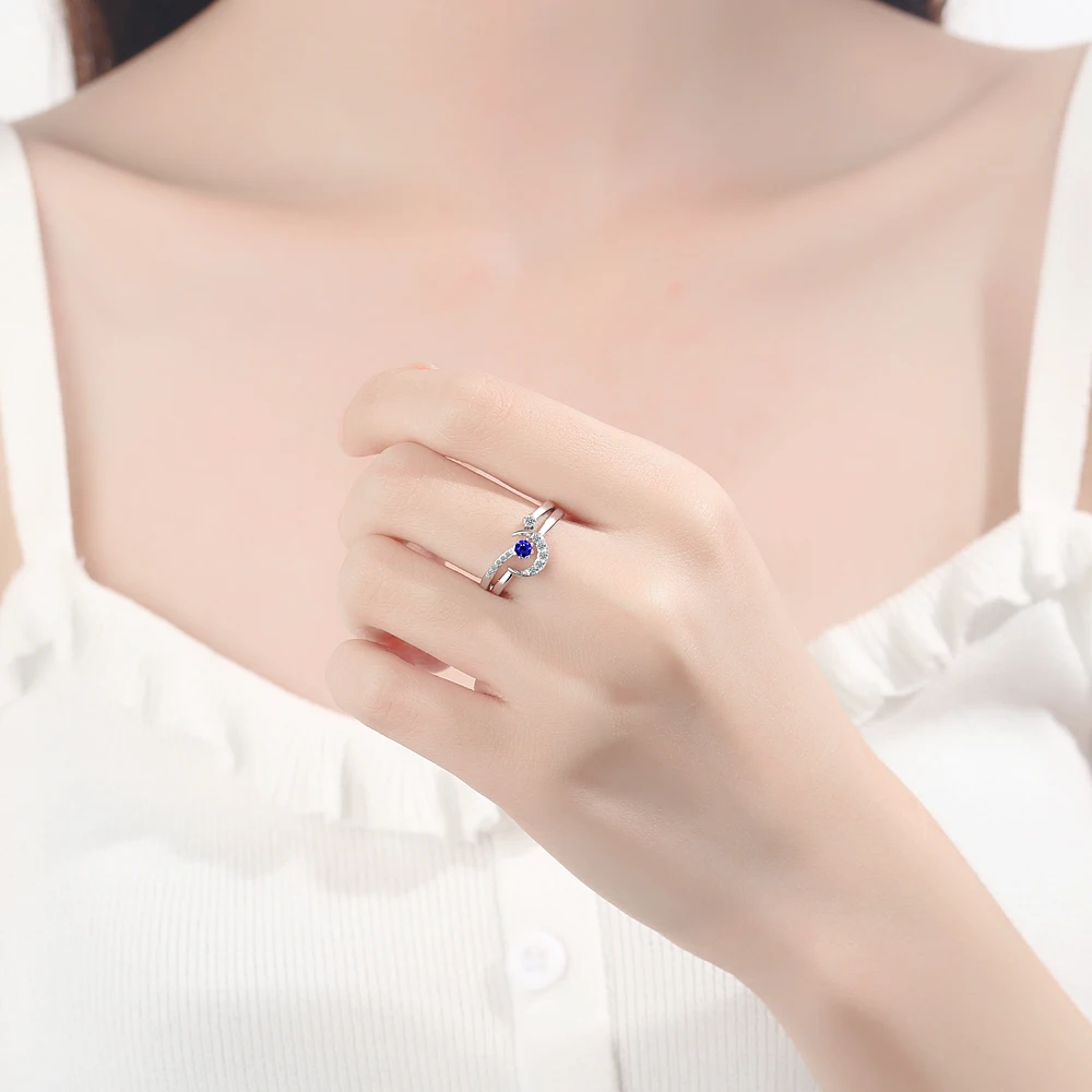 925 Sterling Silver Moon Star Ring Set For Women Sparkling White CZ Created Blue Sapphire Delicate Wedding Bride Fine Jewelry