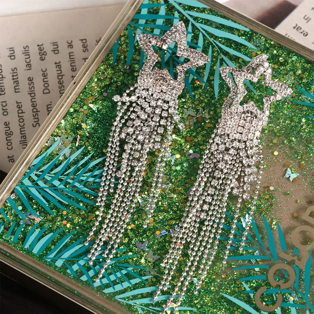 여성을위한 긴 프린지 패션 술 선물 골드 실버 컬러 크리스탈 스타 쥬얼리 드롭 귀걸이 댕글 귀걸이 스터드 귀걸이