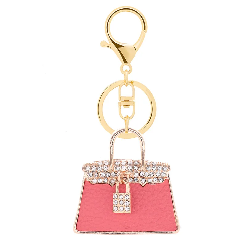 Fashion Cute Leather Crystal Women Handbag Key Chain Rhinestone Lock Bag Lady Wedding Jewelry Trinket Car Keychain Girl Gift K63