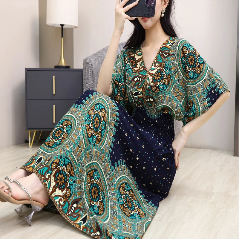 Vestido Midi Vintage elegante para mujer, vestido con estampado Retro y cuello en V, vestido de oficina de calle alta para mujer, vestido acampanado de manga corta, bohemio Chic