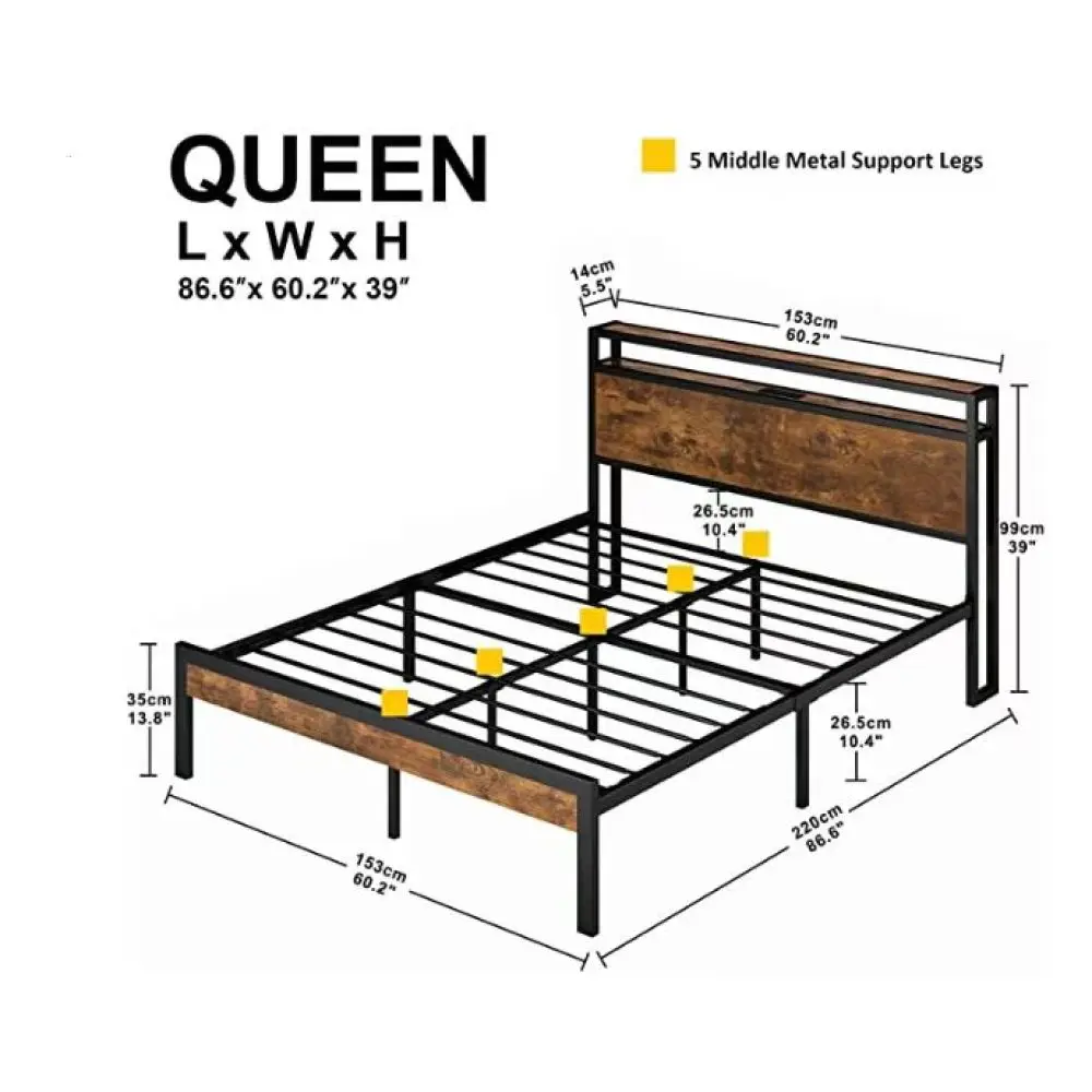 Orraves Queen Size  Metal Platform Bed Frame with Wooden Headboard and Footboard with USB LINER, No Box Spring Needed, Large Under Bed Storage, Easy Assemble - view 8