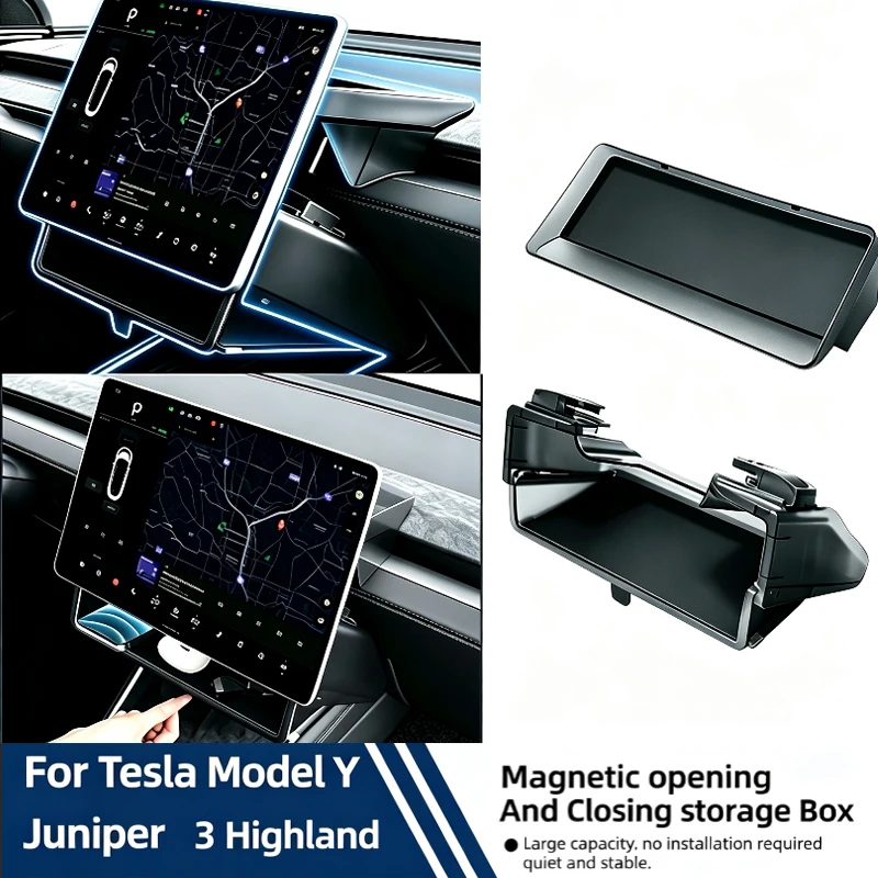 For Tesla Model Y Juniper/Model3 Highland Tray Magnetic Under Screen Hidden Storage Box Magnetic Opening and Closing Storage Box