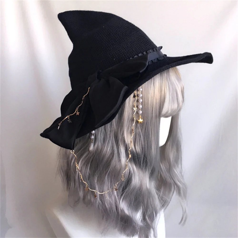 Halloween Witch Wizard Hat Creative Lolita Style Rose Big Bow Cap Retro Gothic Magical Girl Hat Cosplay Horror Props Accessories