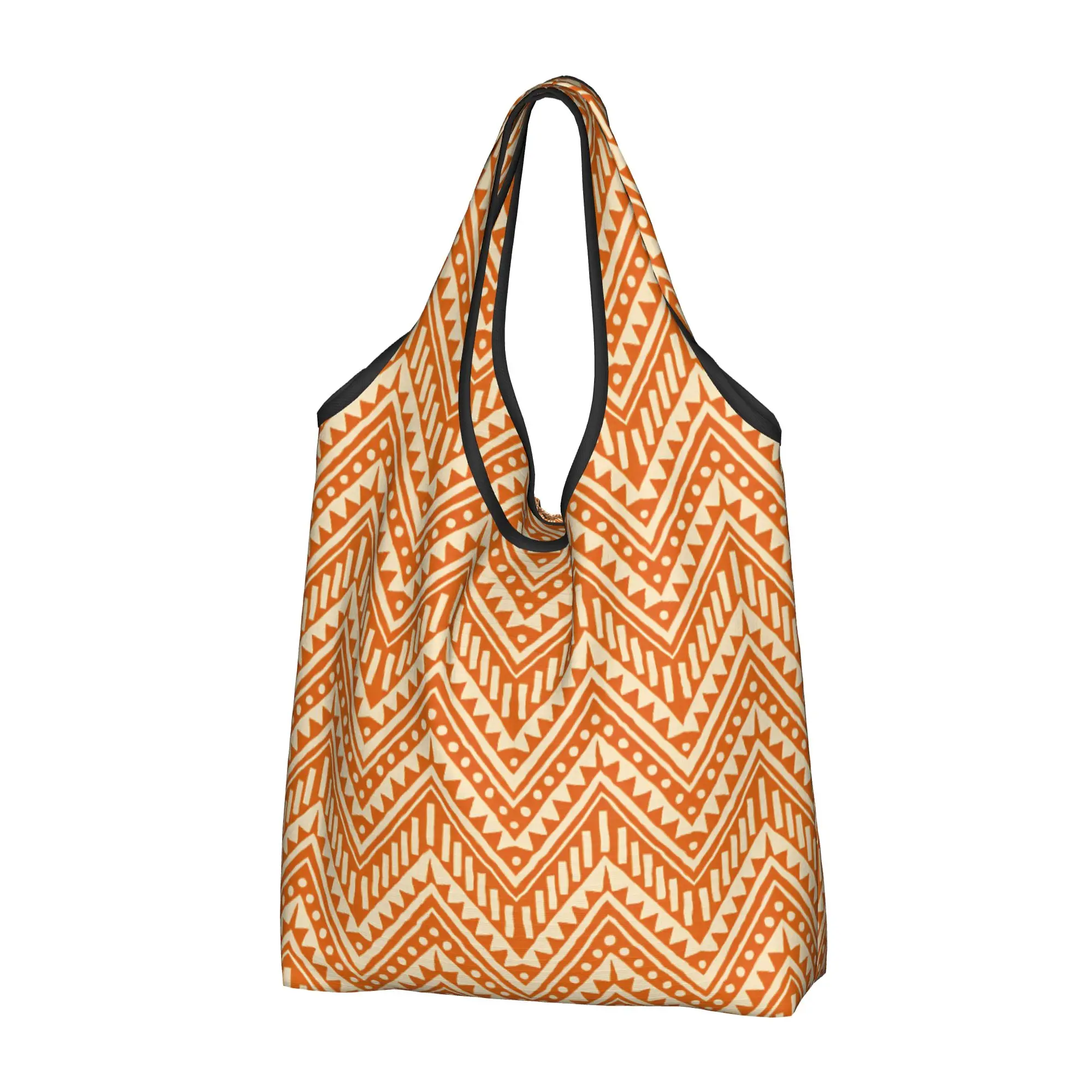 Recycling Boho Zig Zag Modern  Shopping Bag Women Tote Bag Portable Orange Geometric  Groceries Shopper Bags