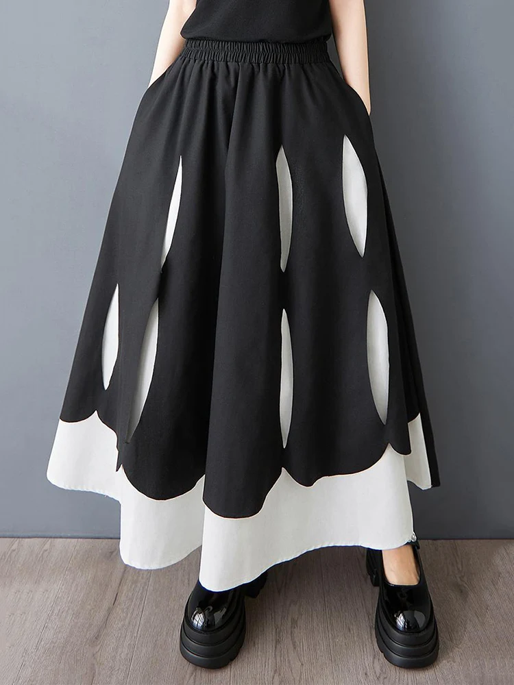 

2025 Spring Summe Black Vintage Patchwork High Waist Skirt Women Pocket Fashion Elegant Casual Pleated Midi Skirts Clothing